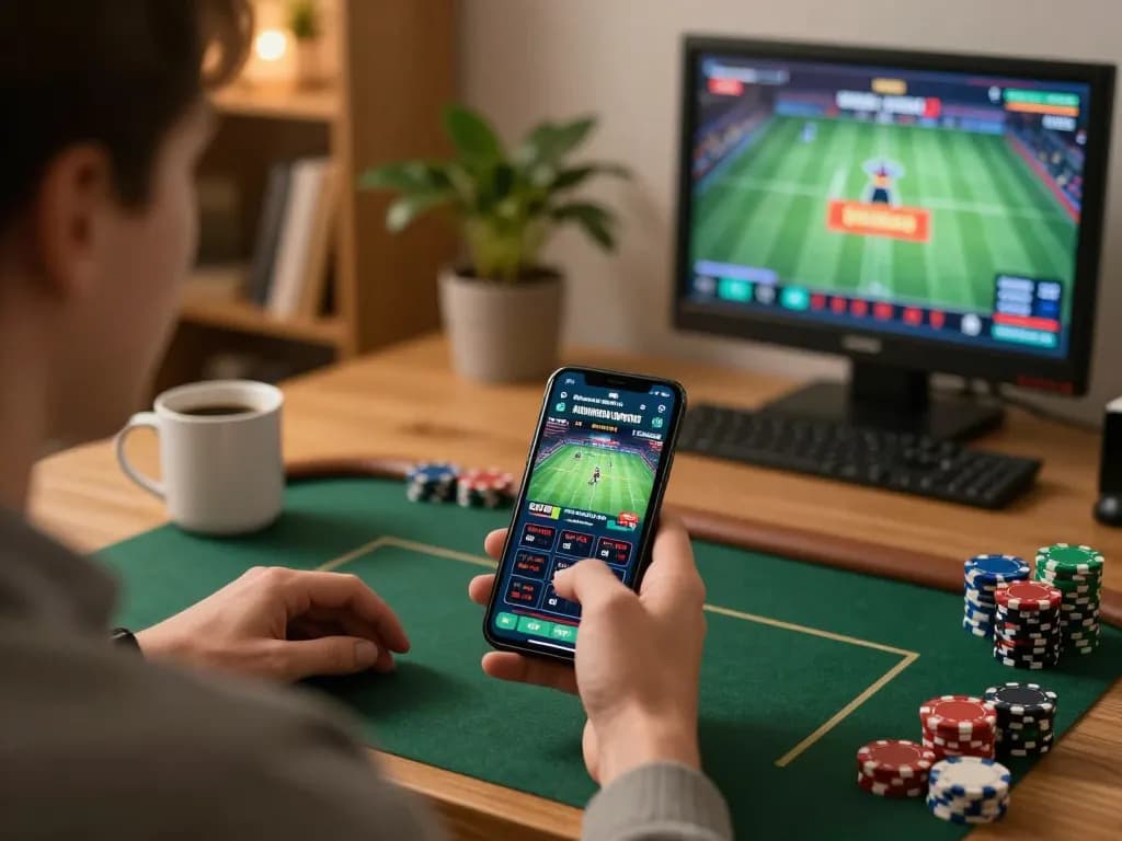Smartcityhostels player enjoying sports betting on a smartphone, showcasing an engaging gaming experience