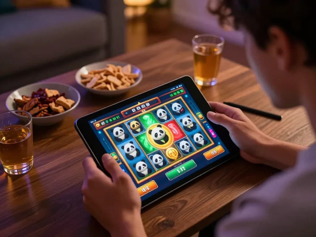 Permainan slot Panda Win online di tablet dengan grafik yang penuh warna, menciptakan suasana permainan yang nyaman