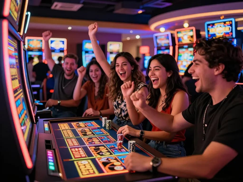 Celebration at Lucky88 casino with friends winning at slot machine, showcasing vibrant atmosphere and gaming excitement.