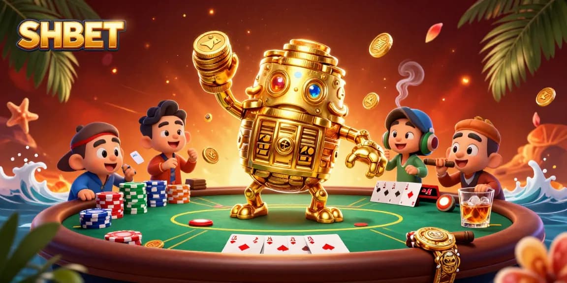 Experience exciting gameplay at SHBET with a dynamic 3D casino scene filled with gold coins and poker elements.