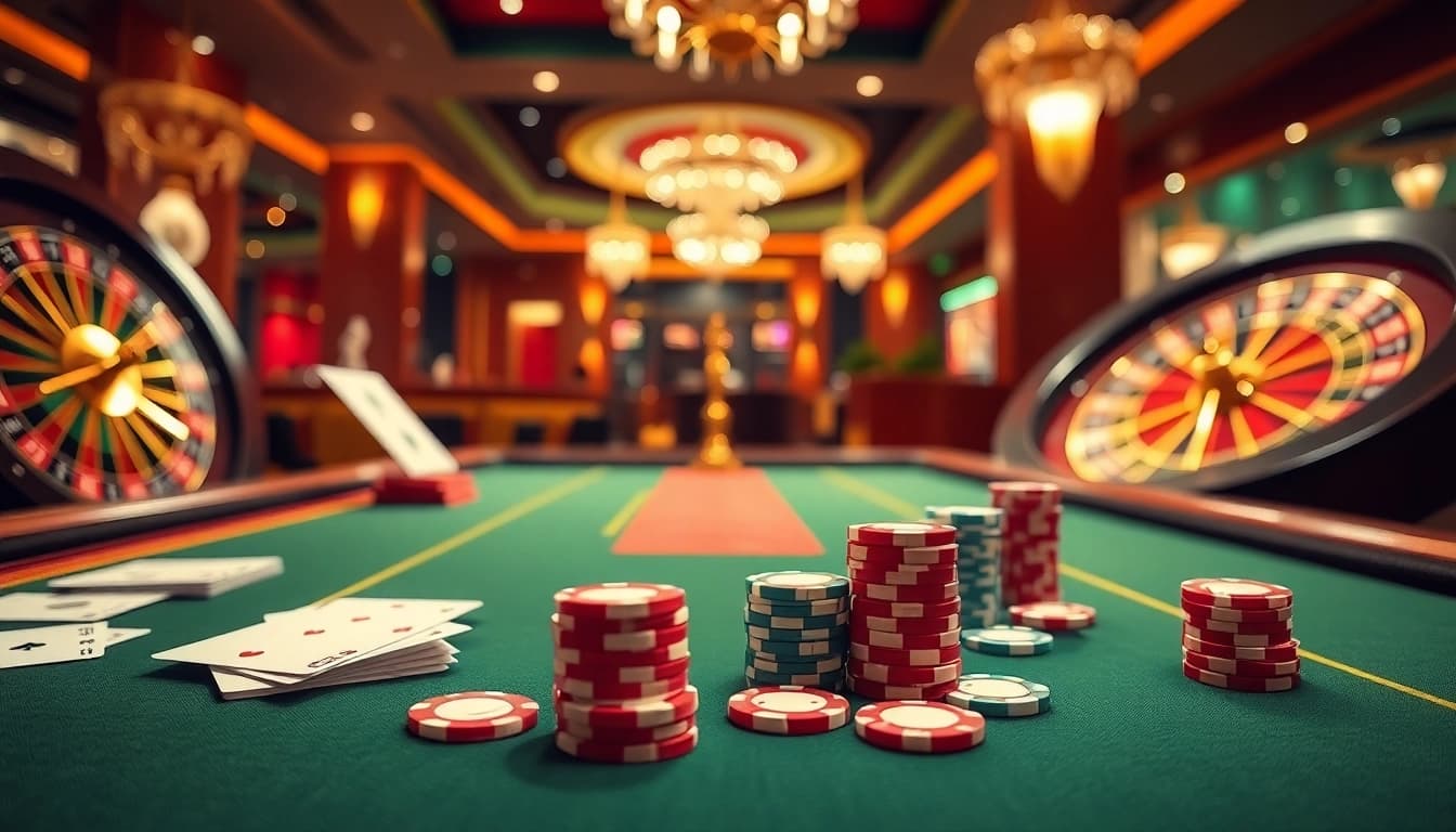 i9bet showcases an elegant casino scene with active poker tables and vibrant colorful chips.
