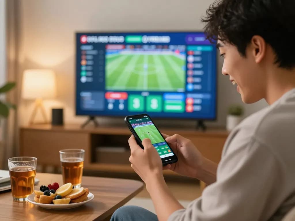 Engaged user checking tỷ lệ kèo bóng đá trực tuyến on a smartphone during live sports event, showcasing interactive betting atmosphere.