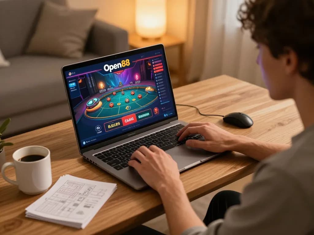 Engaging gameplay on Open88's online casino platform in a cozy home setting.