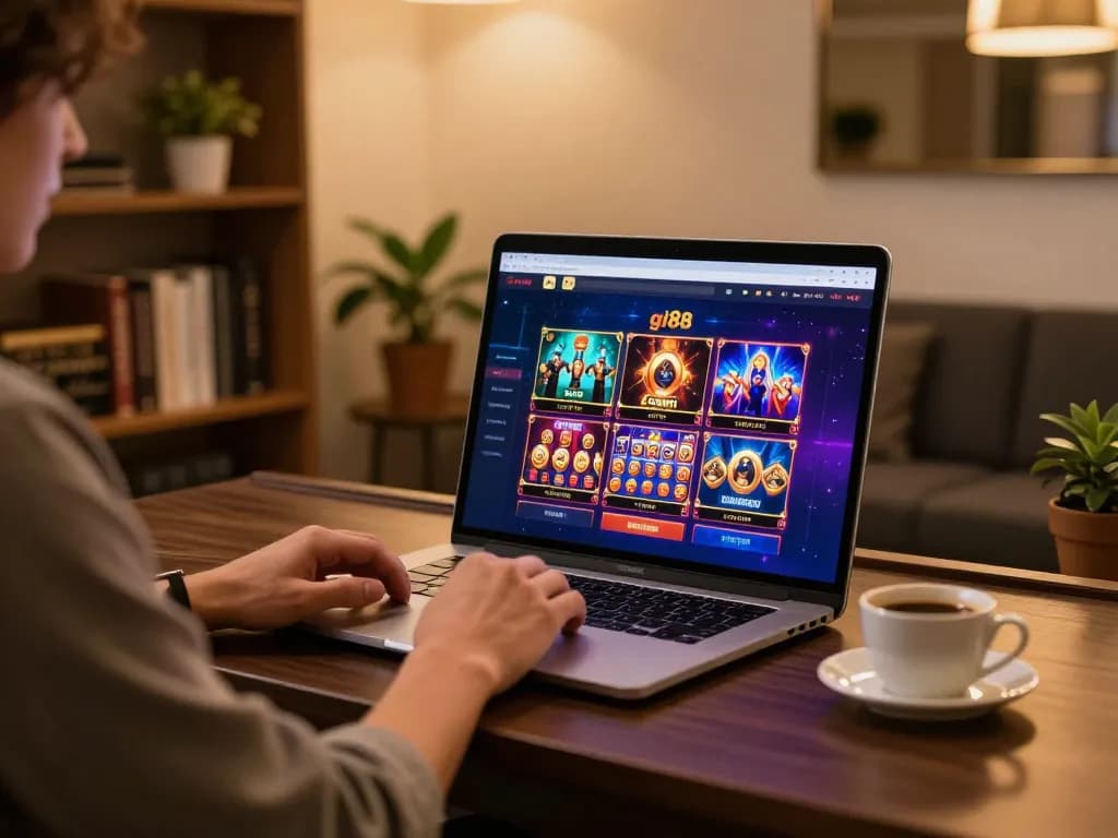 Player exploring gi88 online casino slots on a sleek setup with vibrant graphics.