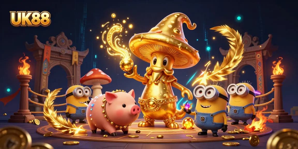 Engage with UK88's vibrant 3D illustration of a golden mushroom wizard casting riches!