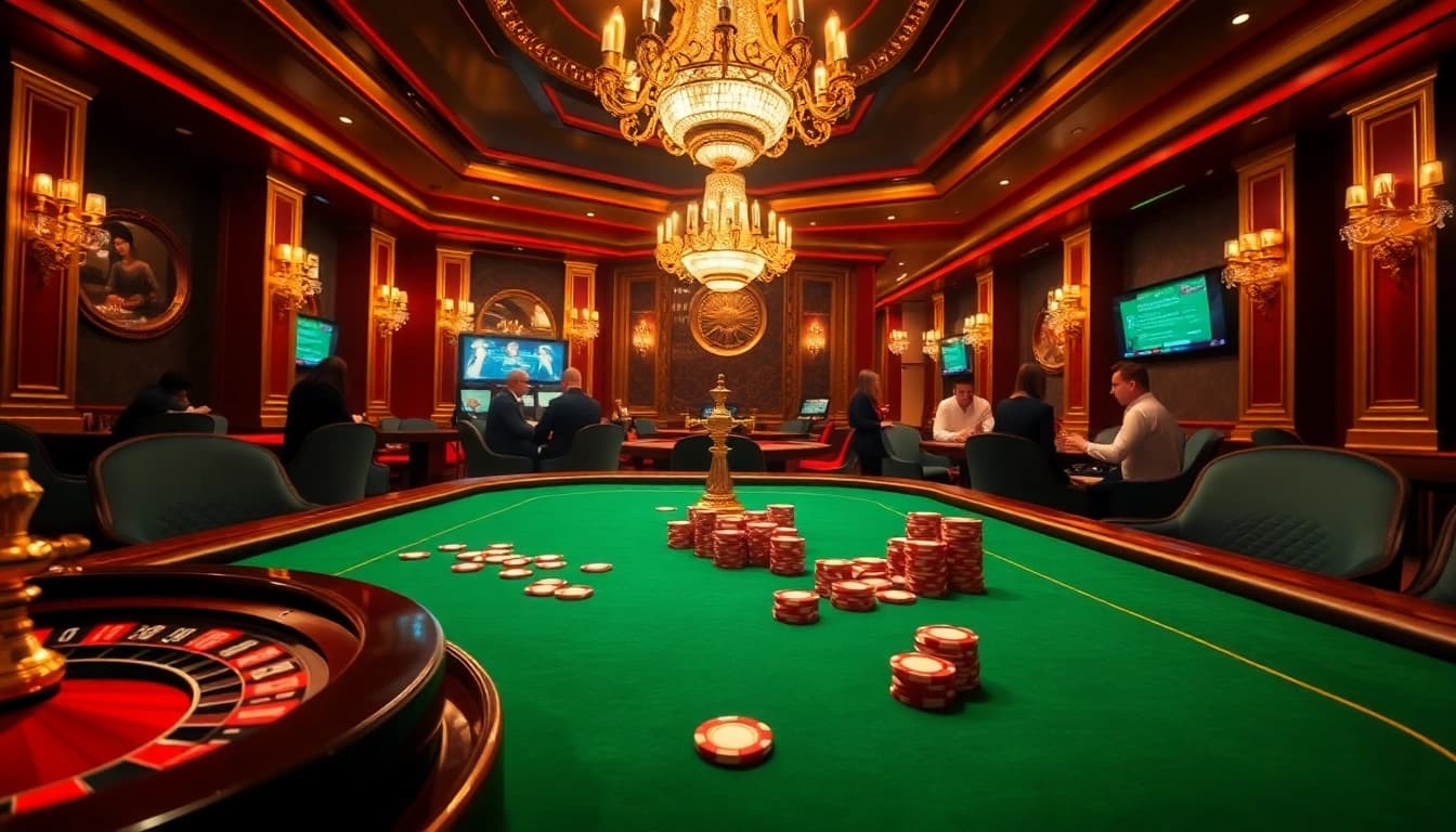 Experience the excitement of betting at https://thabethome.com/ with poker chips and roulette wheel in a luxurious casino scene.