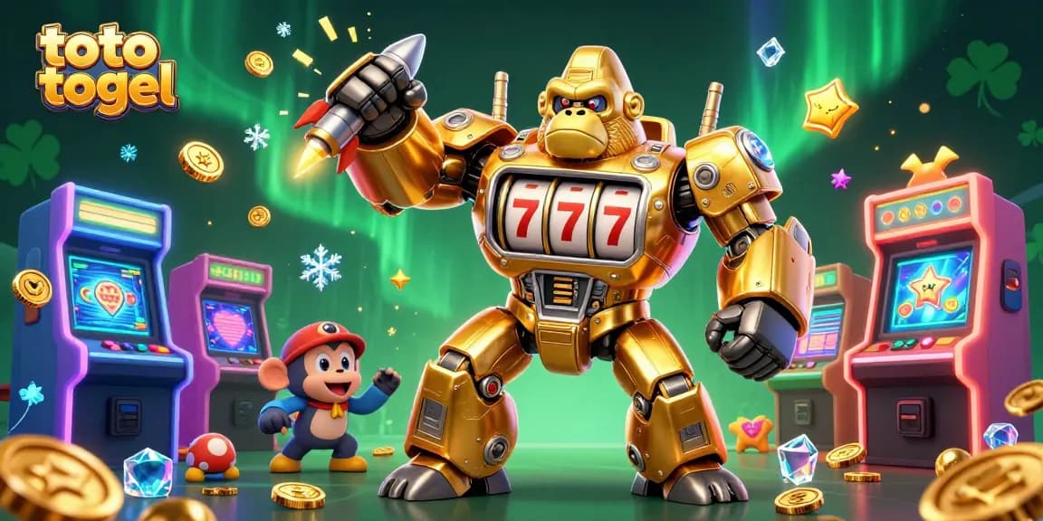 Engage with thrilling toto togel gameplay featuring a golden gorilla mech in an electrifying environment.