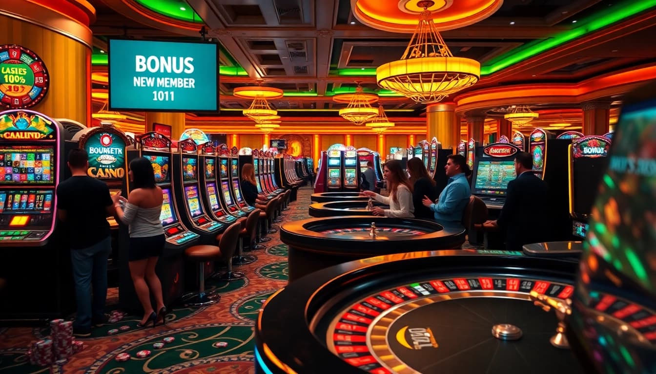 Players in a vibrant casino enjoying the excitement of bonus new member 101 offers at the slots and tables.