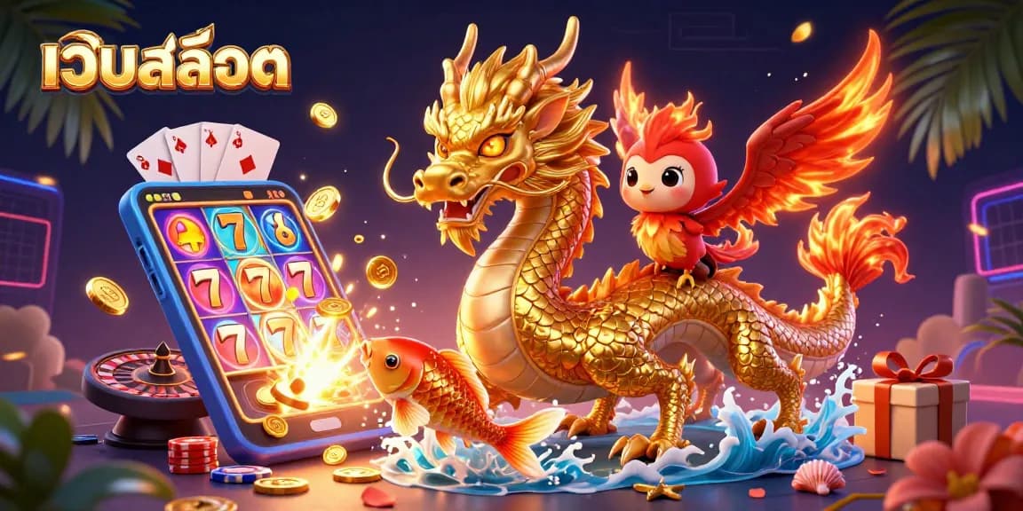 Experience exhilarating gameplay with เว็บสล็อต featuring a golden dragon, fiery phoenix, and koi fish amidst vibrant casino visuals.