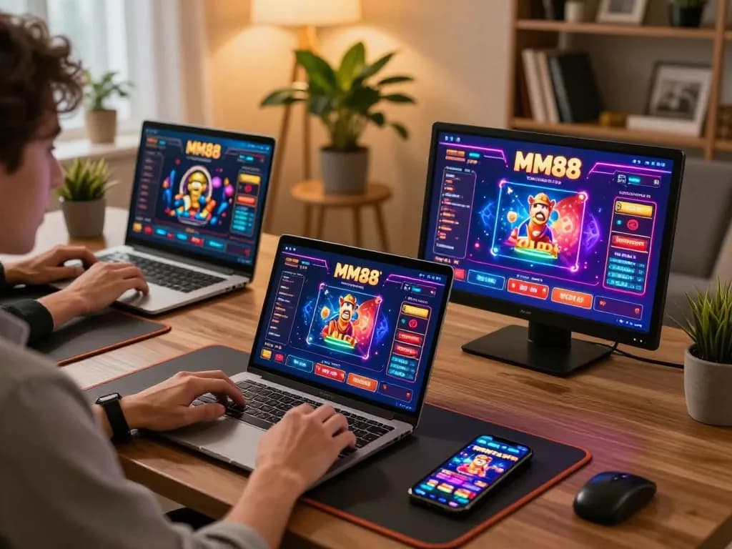 Player enjoying MM88 online casino games on laptop, showcasing vibrant gameplay at home.