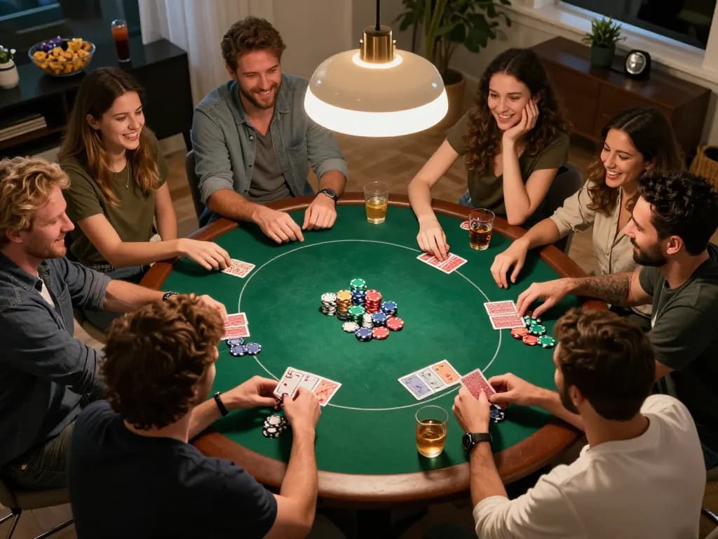 Players enjoying a lively poker night at home, exemplifying a vibrant social atmosphere with xo88