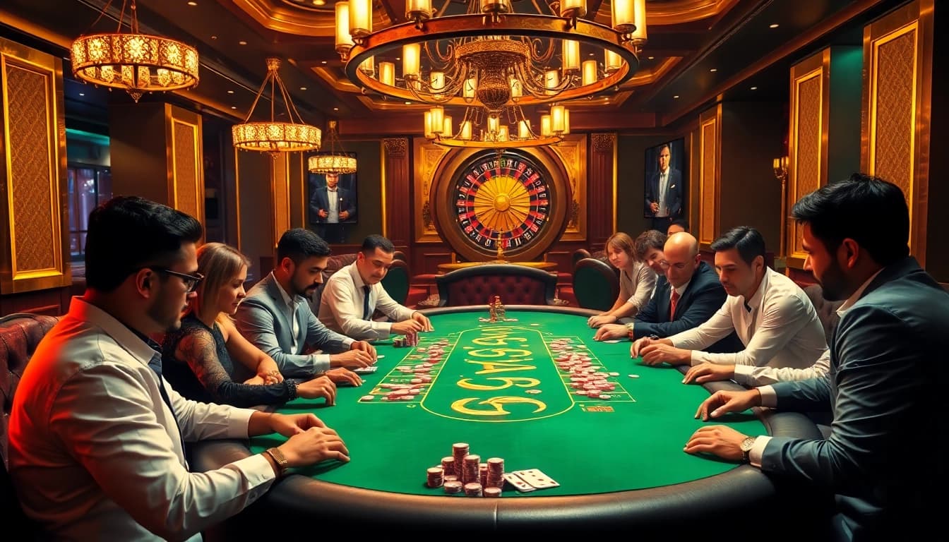Players at a GO8-themed poker table enjoying an adrenaline-filled gambling experience with vibrant atmosphere.