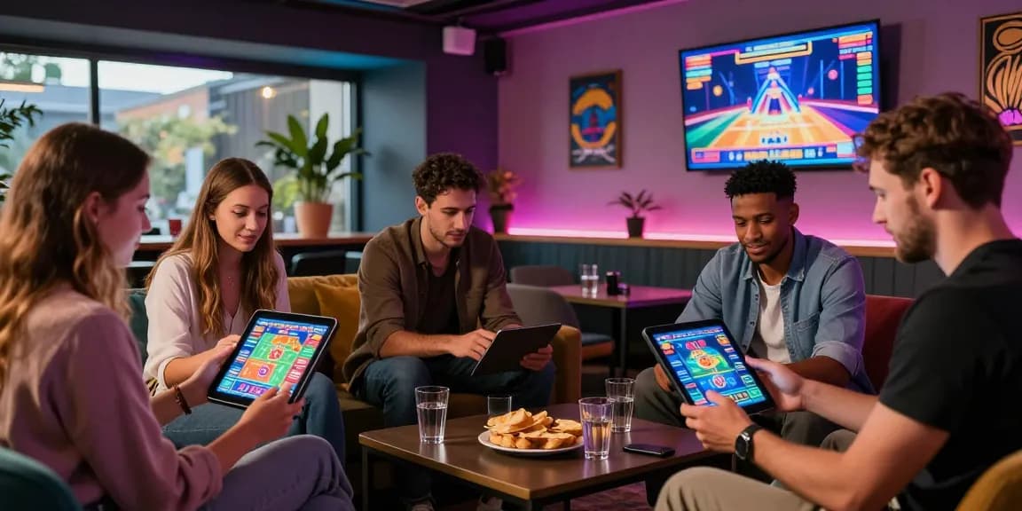 Group of friends enjoying new online casinos in the UK at a cozy lounge setting.