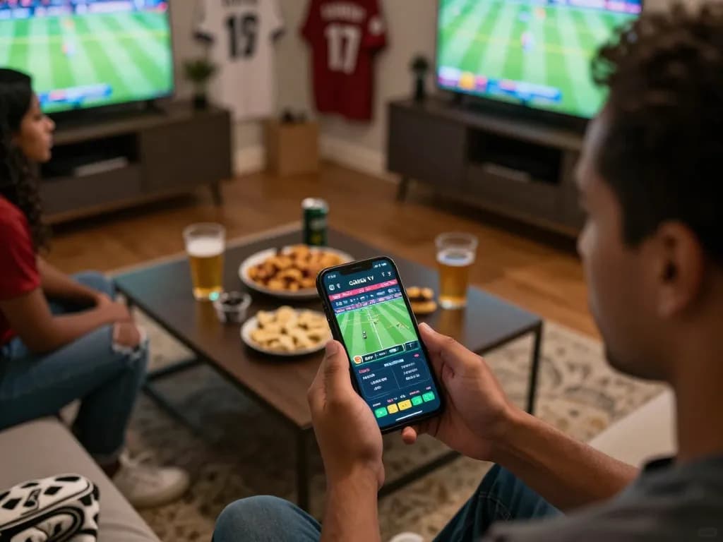 Cakhia TV user engaging in live sports betting on smartphone with friends, vibrant home atmosphere.