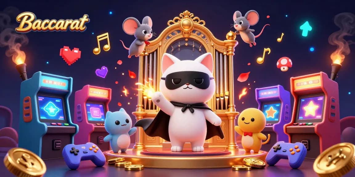 Baccarat card game scene featuring a dramatic cat and acrobatic mouse in a vibrant casino atmosphere.