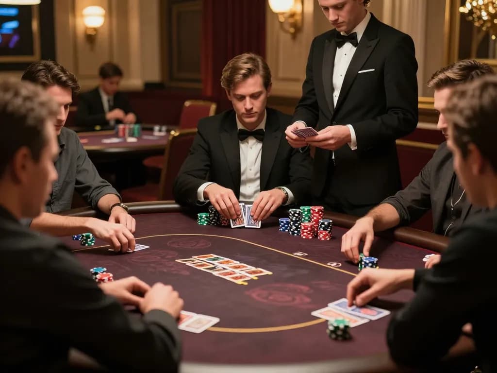 Players strategizing at a BK8 poker table under warm casino lights, chips stacked and cards dealt.