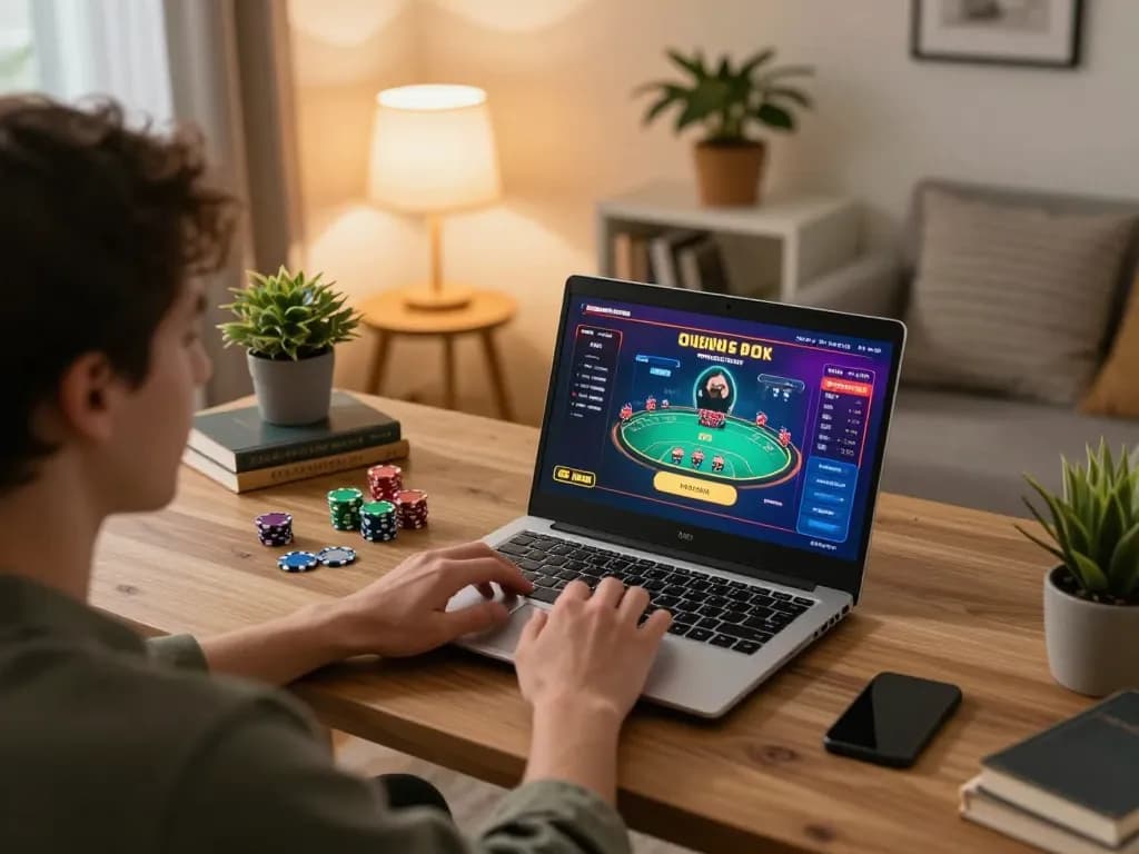Player engaging in online poker at home with fly88mb app on screen, showcasing cozy gaming environment.
