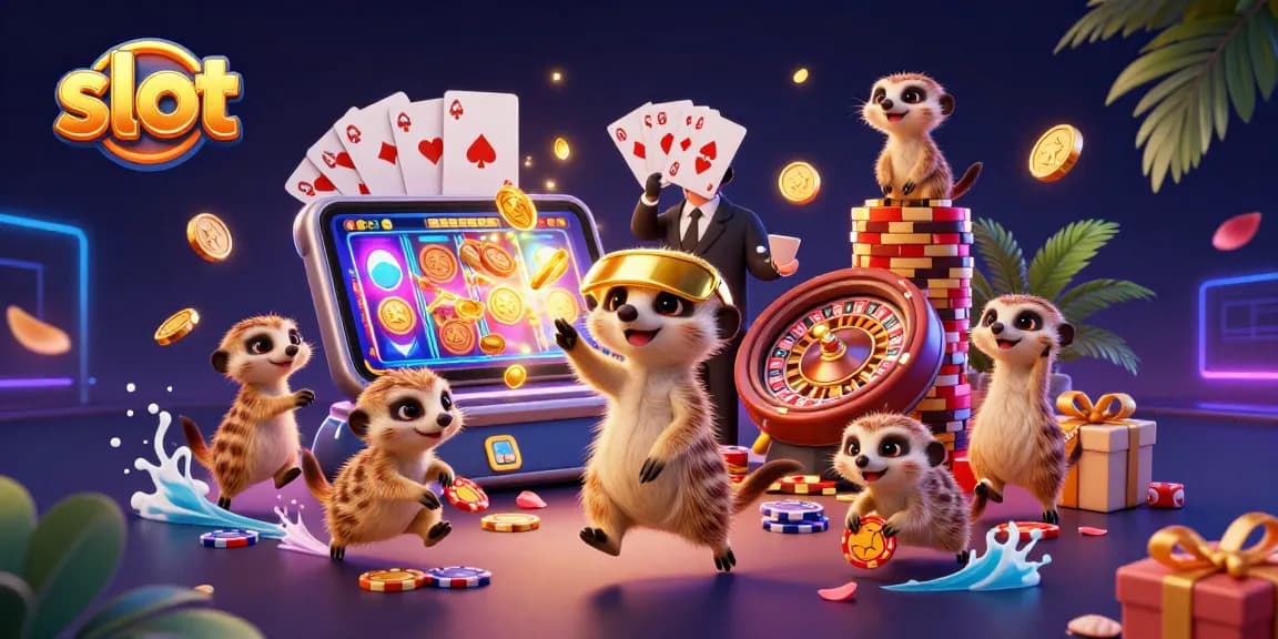Menangkan slot dengan ilustrasi kucing meerkat bermain dan mengoperasikan kasino penuh warna.
