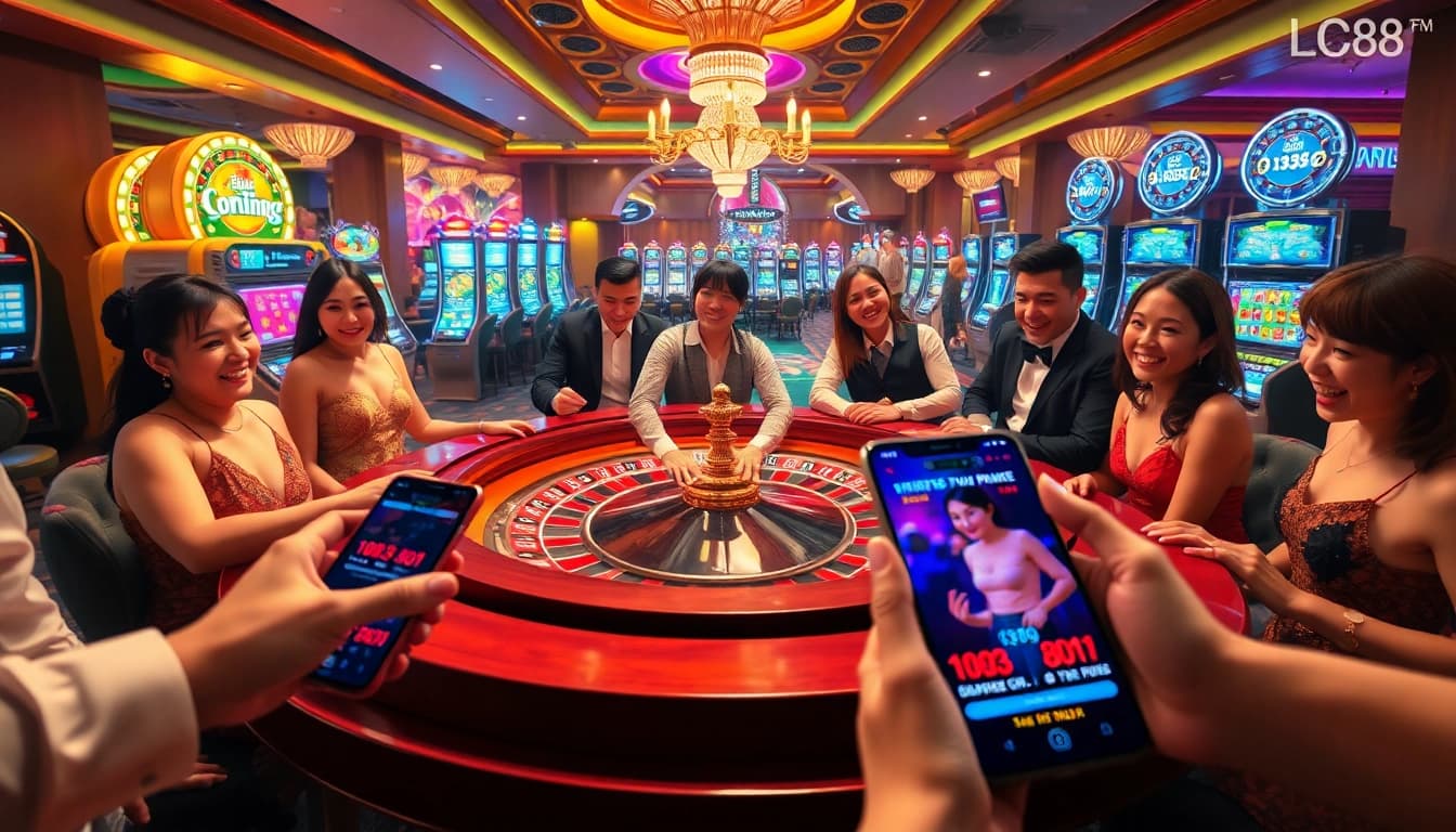 Players enjoying a thrilling game at LC88 casino featuring roulette and vibrant slot machines.