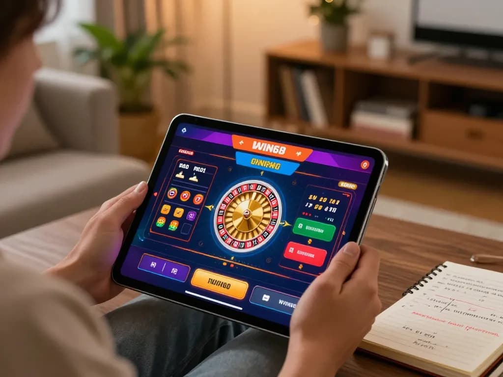 IWIN68 user engaging in an online roulette game on a tablet in a cozy living room.