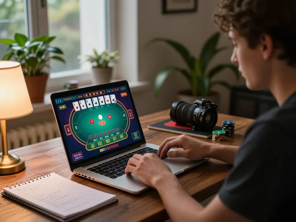 Engaging online poker session showcasing bem88 on player's laptop with strategic notes nearby.