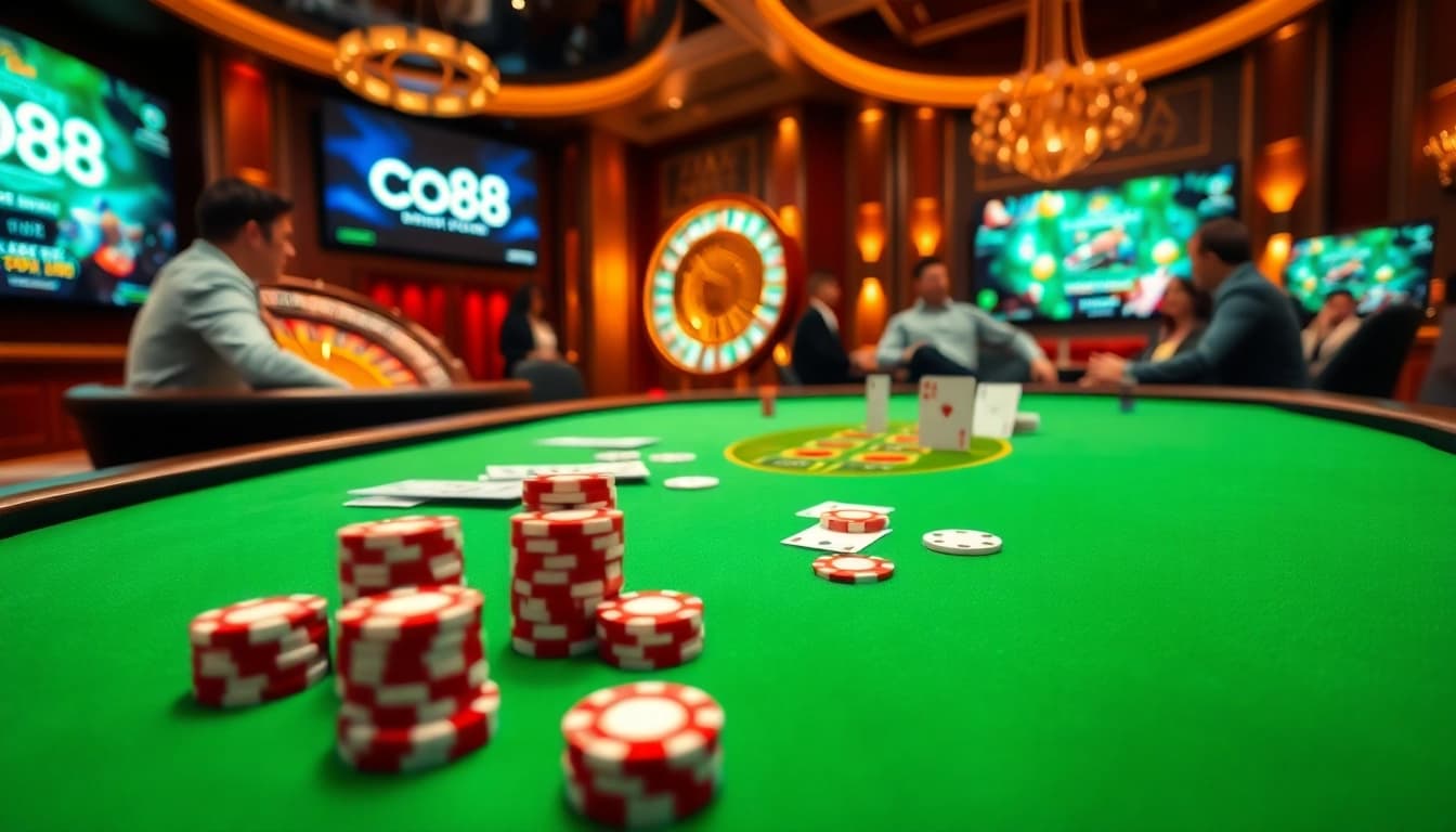 Co88 players enjoying an exciting Mini Poker game in a luxurious casino setting with vibrant casino tables.