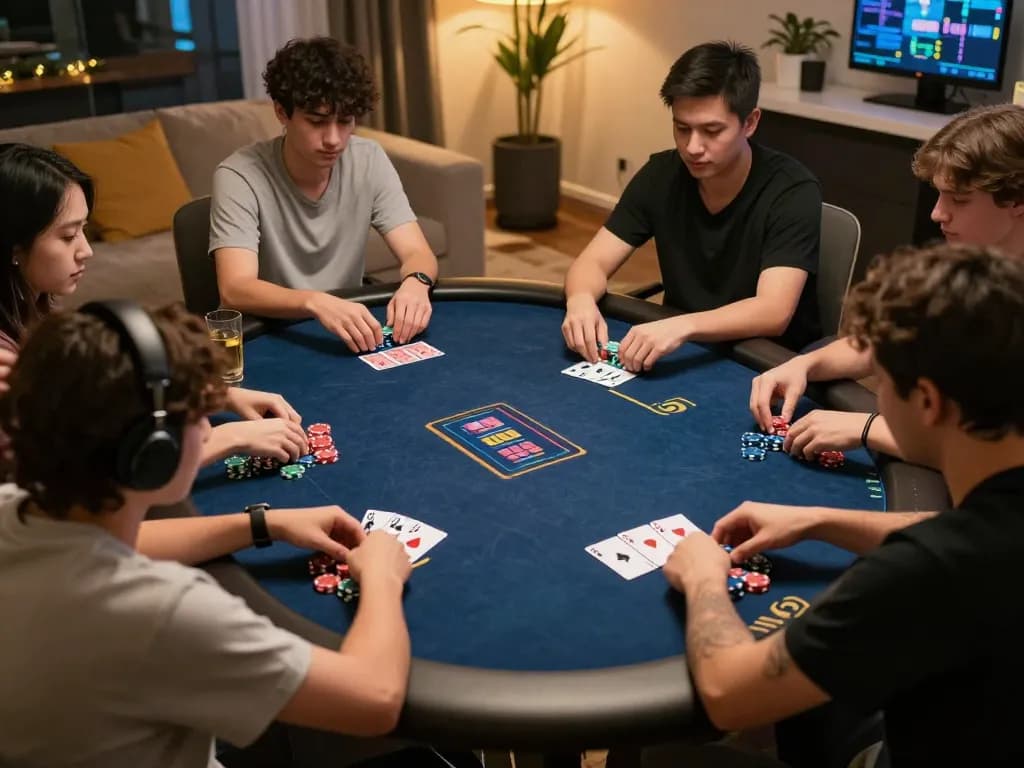 Engaged players at Nhà cái Win678 participating in an online poker game with interactive screens and vibrant game graphics.