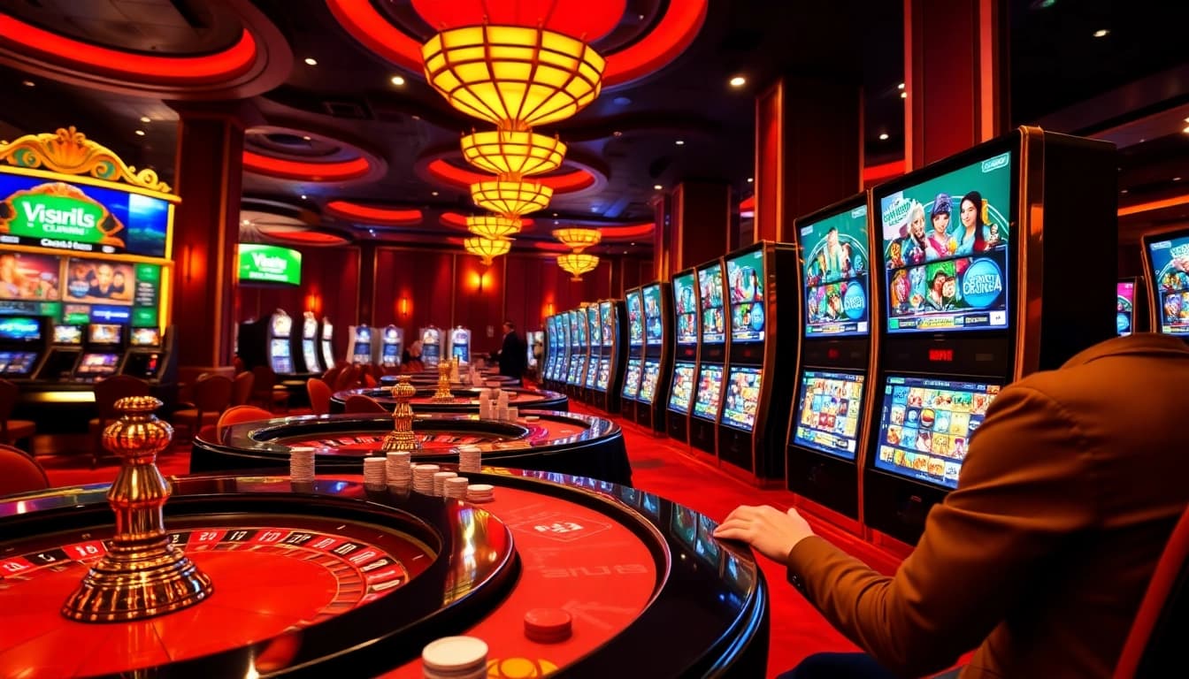Engaging gameplay on the online platform https://nk88zz.bio/ featuring vibrant casino elements with players and slot machines.
