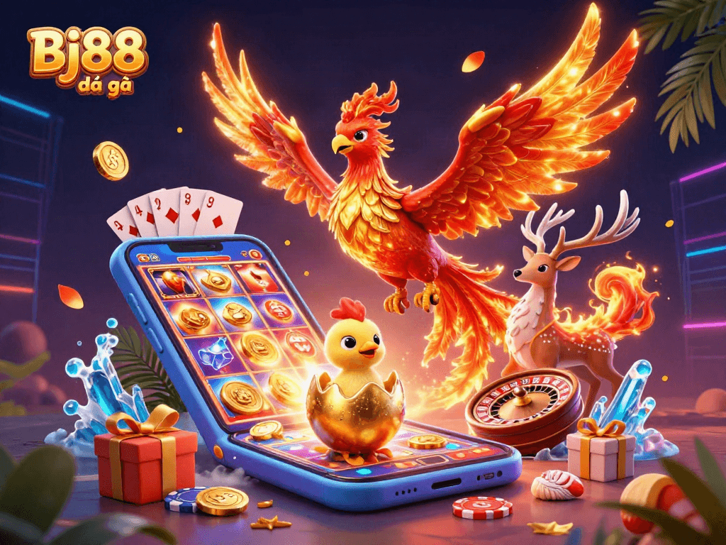 Bj88 đá gà showcases a dynamic scene with a mythical fire phoenix, a hatching chick, and a stag amidst exciting gaming elements.