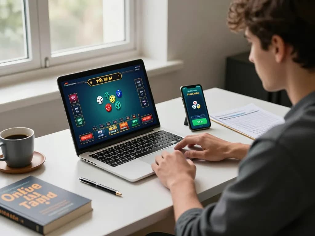 Player strategically engaging in tài xỉu online, focused on laptop and smartphone at cozy home setup.
