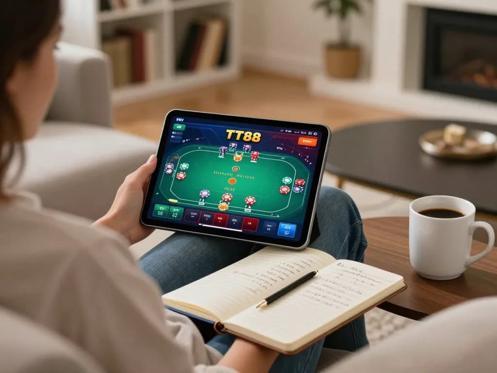Engaging with poker gameplay at TT88 on a tablet in a cozy home setting.