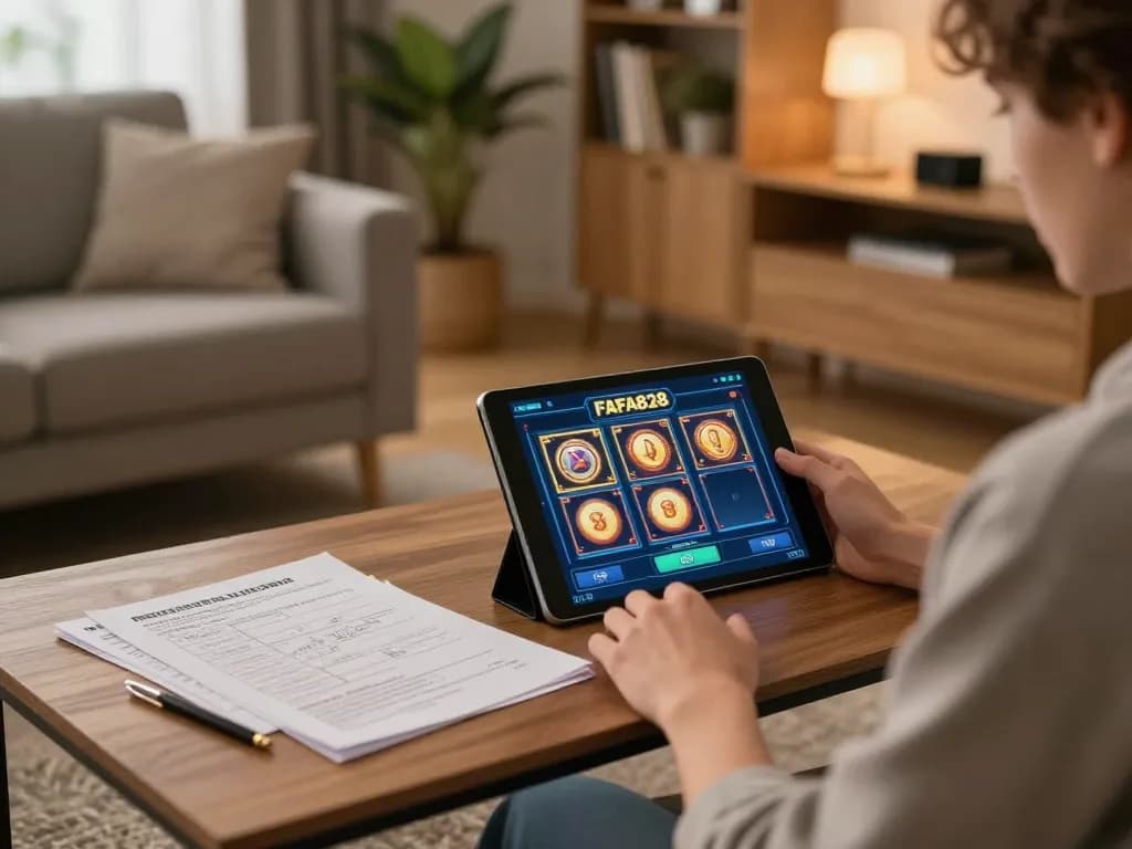Engaging in online slot gaming with FAFA828 in a cozy home environment, showcasing strategy and comfort.
