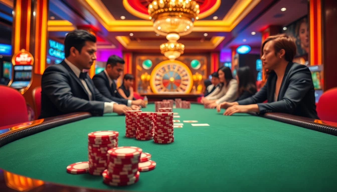 Experience the game action at lu88bb.com with players at a luxurious poker table.