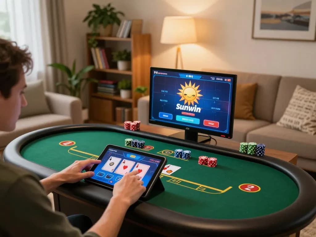 Player engaging with sunwin poker app on tablet at home, showcasing strategic gameplay.