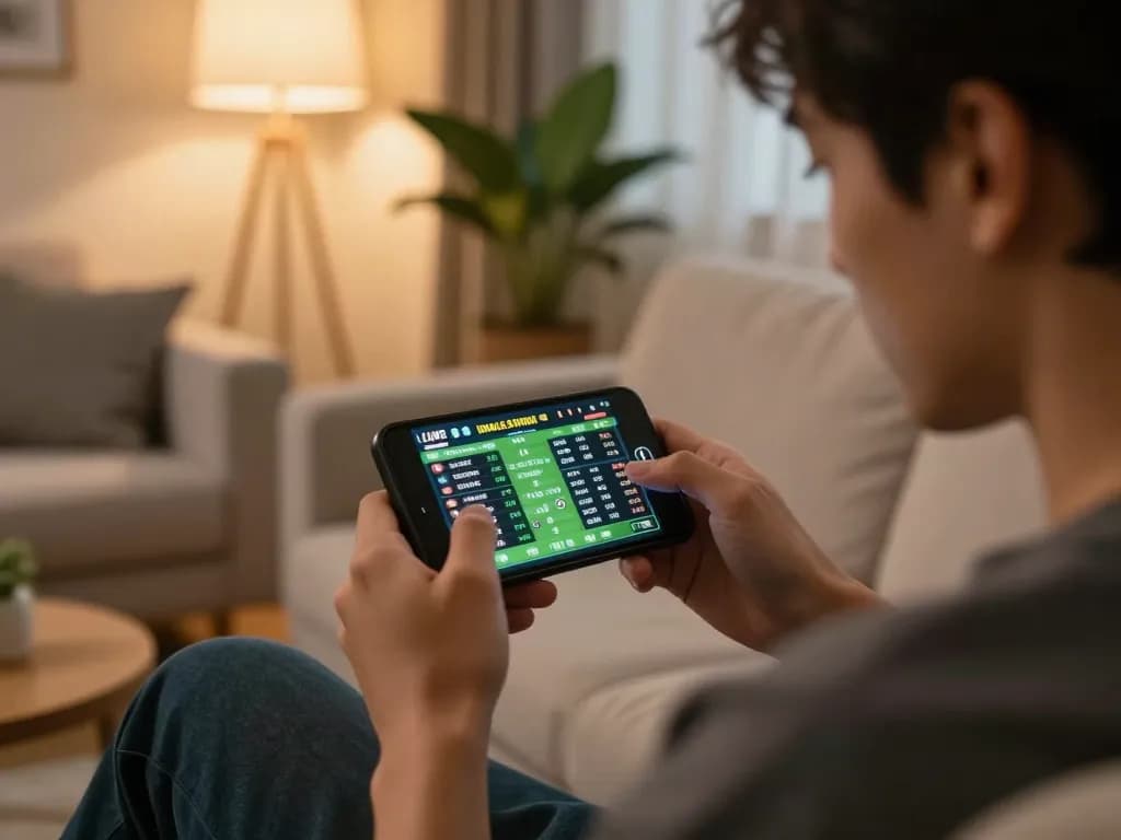 32win user actively placing sports bets on mobile app in cozy home setting