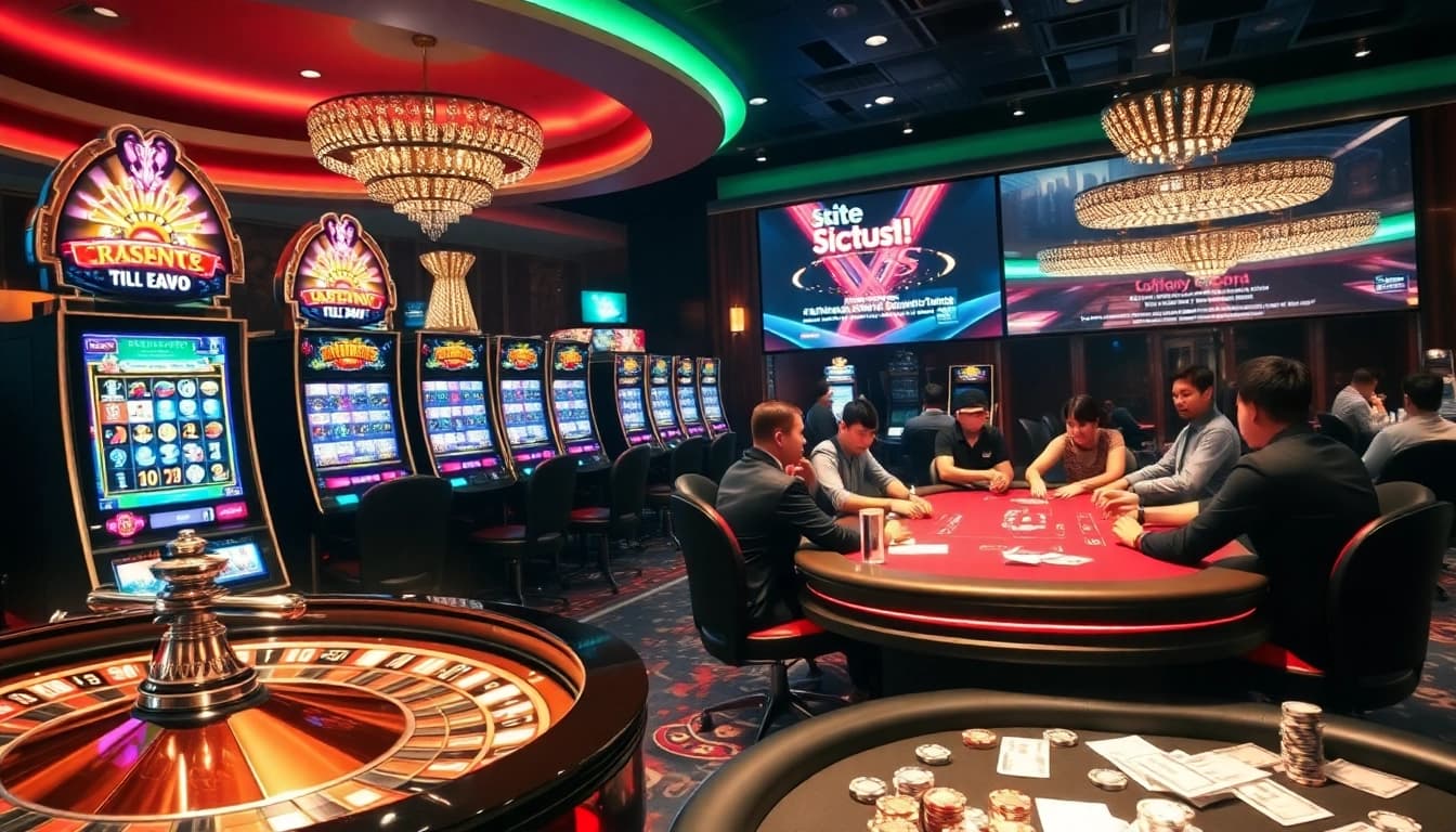 Situs11 offers an exciting gambling experience with high-stakes poker and vibrant slot machines in a luxury casino setting.