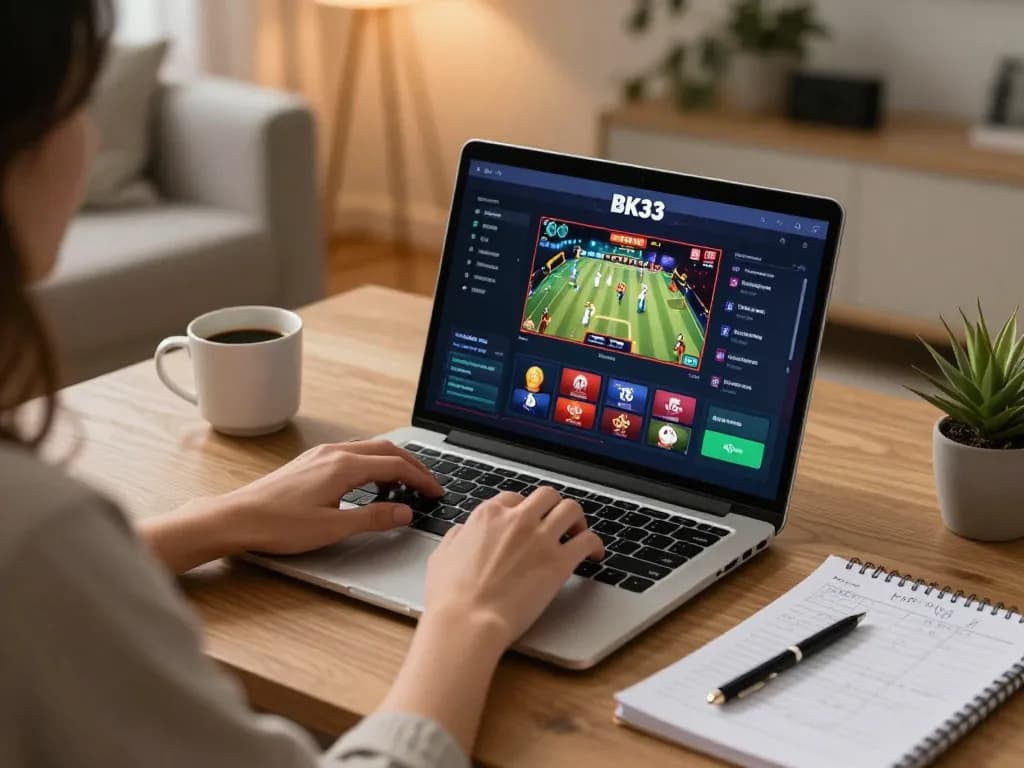 Player enjoying BK33 online gaming with immersive graphics on laptop in cozy home setting