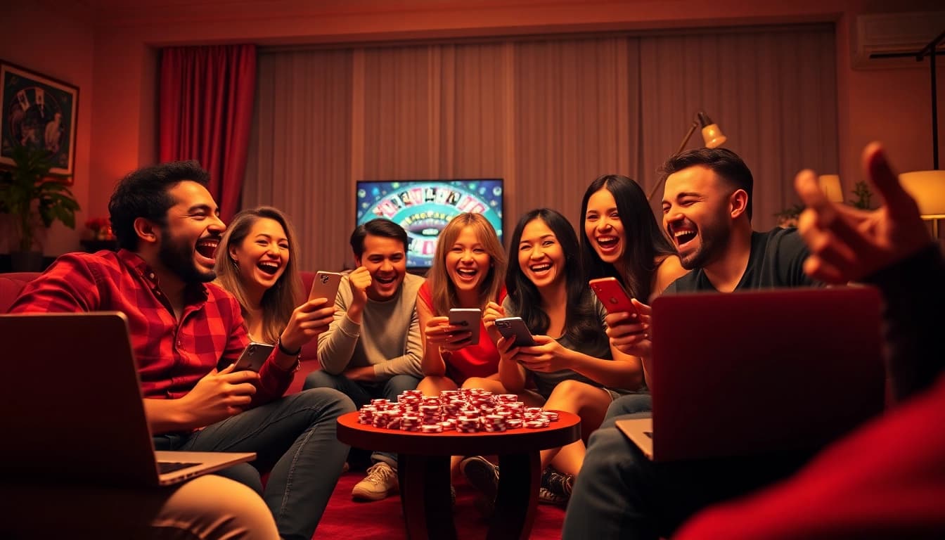 Engaged friends experiencing online gambling Malaysia, celebrating wins in a cozy setting.