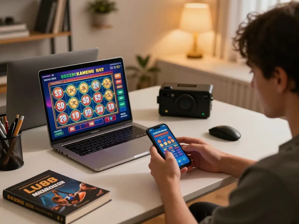 Player engaging with LU88 mobile app at stylish desk, showcasing online gaming setup and strategic elements