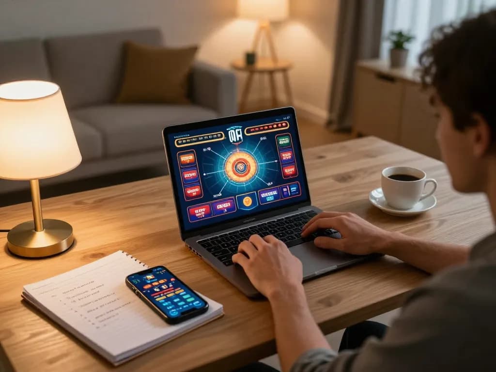 Person enjoying slot dewa games on a laptop in a cozy home setup, showcasing strategic elements for successful gambling
