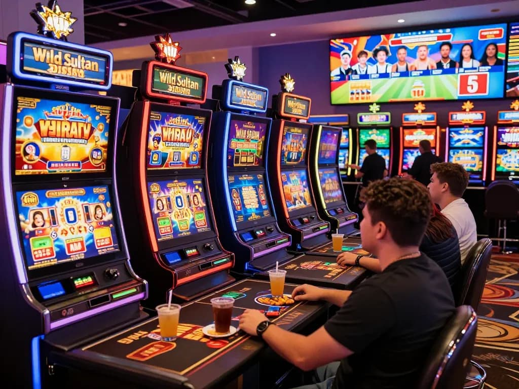 Enjoying the vibrant atmosphere at Wild Sultan Casino, players engage with slot machines during the wildsultan promotion.