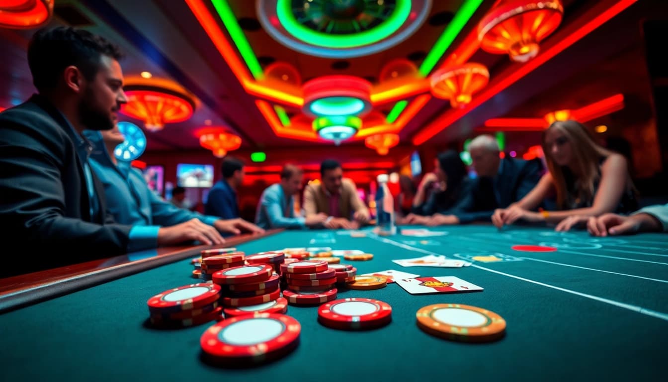 Casinow casino gaming scene with players at a vibrant blackjack table, engaging in lively action.