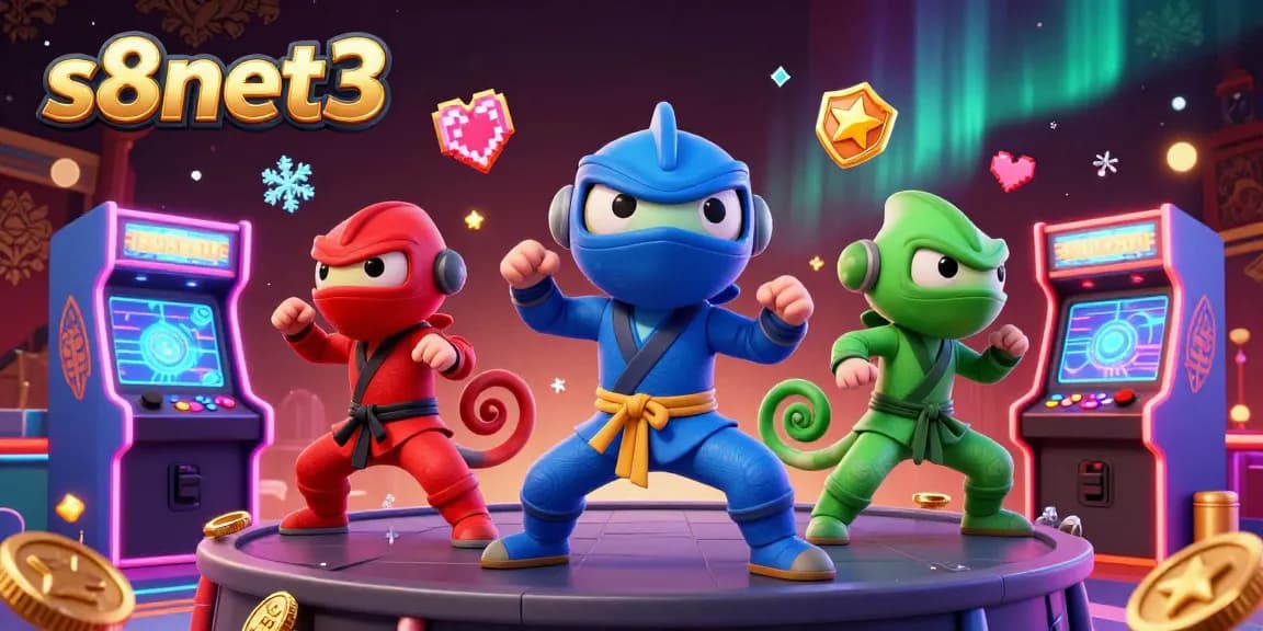 Catch thrilling gameplay at s8net3 with vibrant ninja chameleons in action amidst a colorful casino scene.