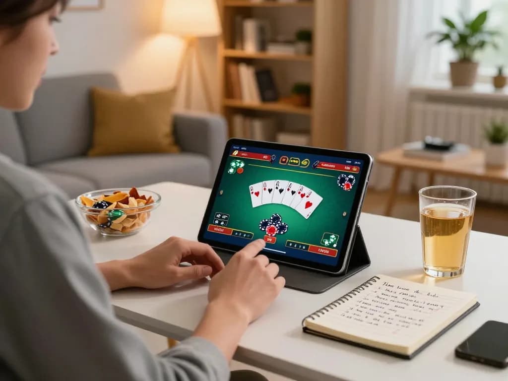 Player engaging with online poker on tablet at home while strategizing on 88aa.