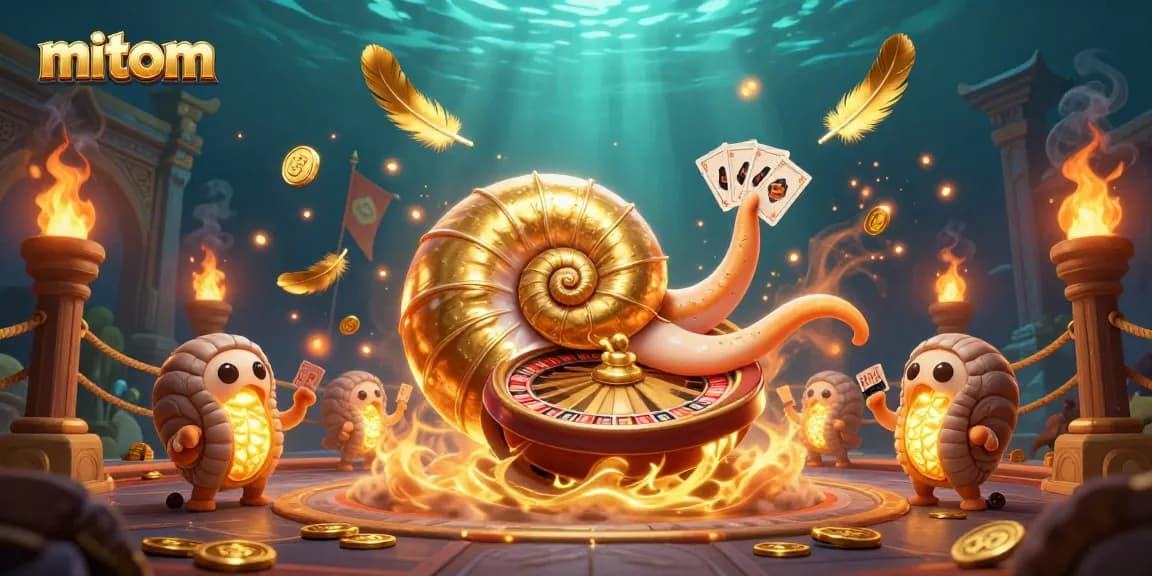 Mitom gamblers engage with a 3D ancient golden roulette-inspired nautilus in a vibrant casino scene.