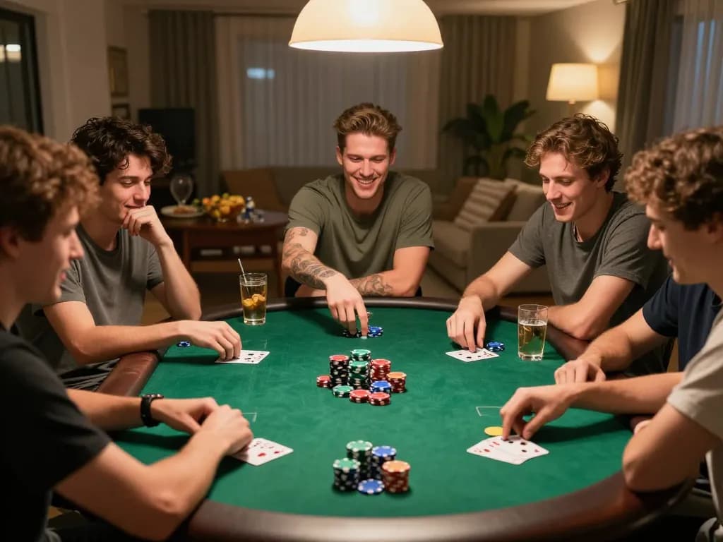 Link Alternatif Asialive88 home poker night with friends, vibrant atmosphere and competitive excitement.