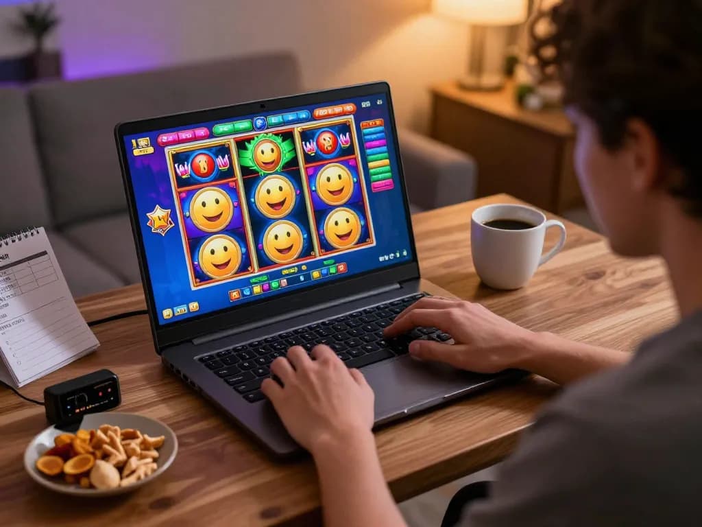 Engaged player exploring online slot games on Unogg platform at home with responsible gaming elements