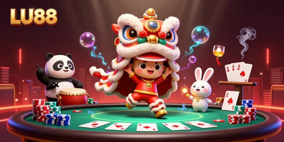 LU88 showcases a vibrant lion dance with poker elements, enhancing the gaming atmosphere.