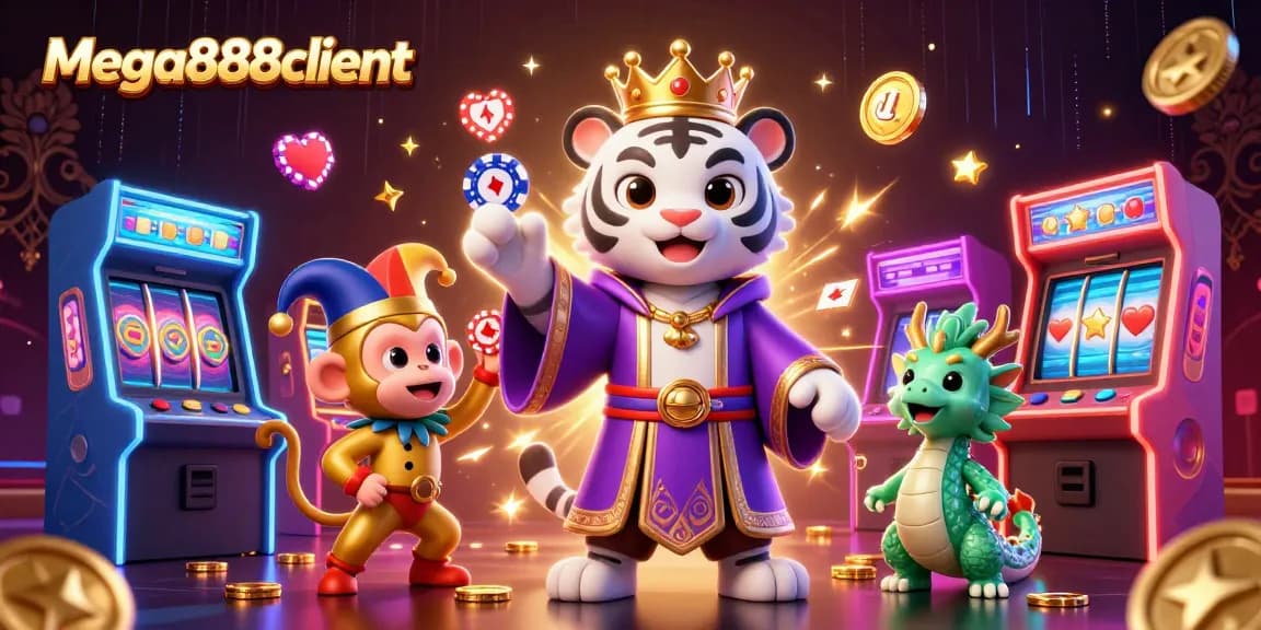 Experience the excitement of mobile gaming with mega888client's vibrant casino scene featuring slots and colorful characters.