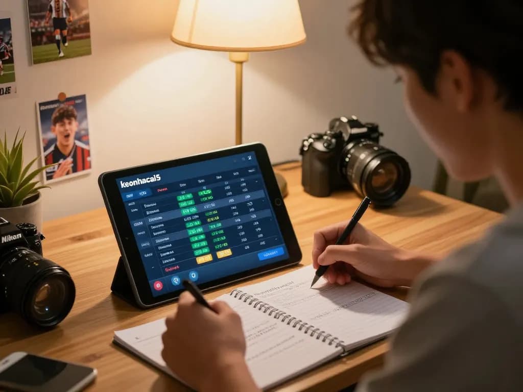 Engaged player analyzing odds and strategies on keonhacai5 sports betting app in a cozy home office setting.